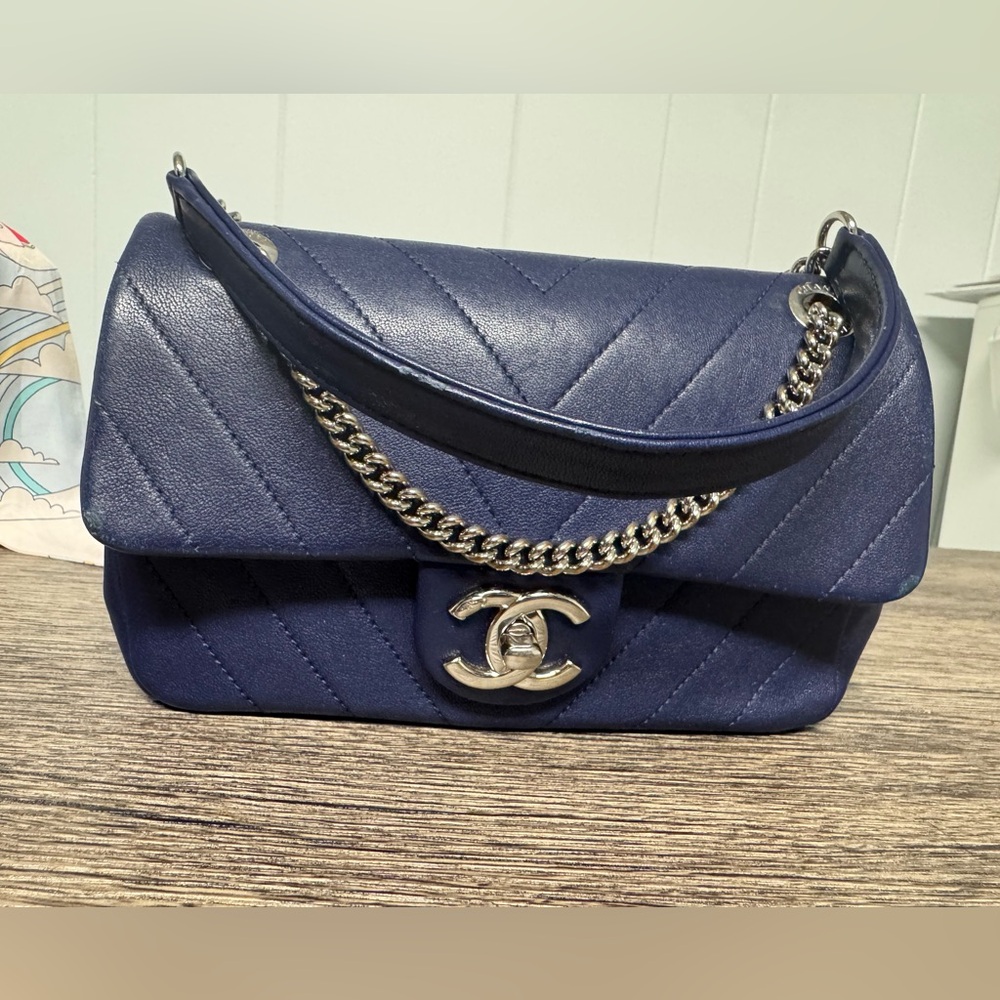 Rare Authentic Chanel blue chevron  mini rectangular flap bag